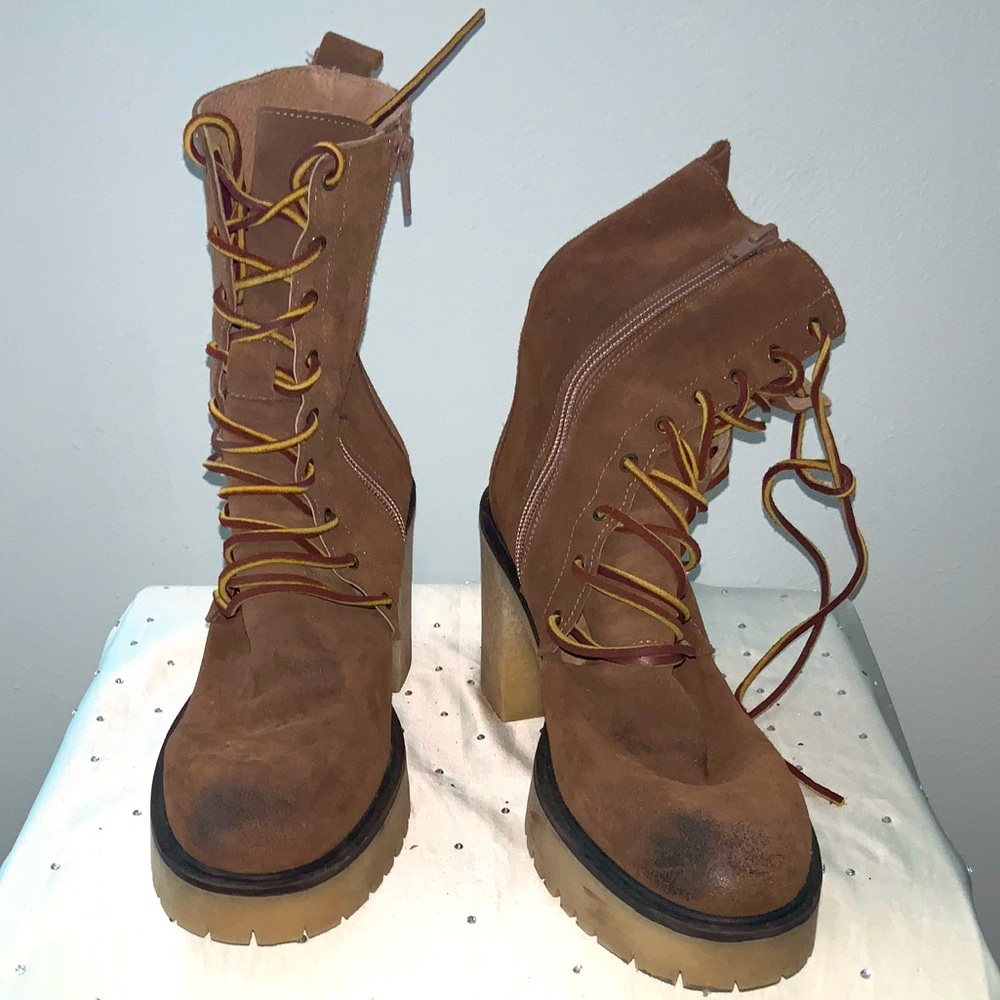 Free People Brown Suede Lace-Up Heeled Boots